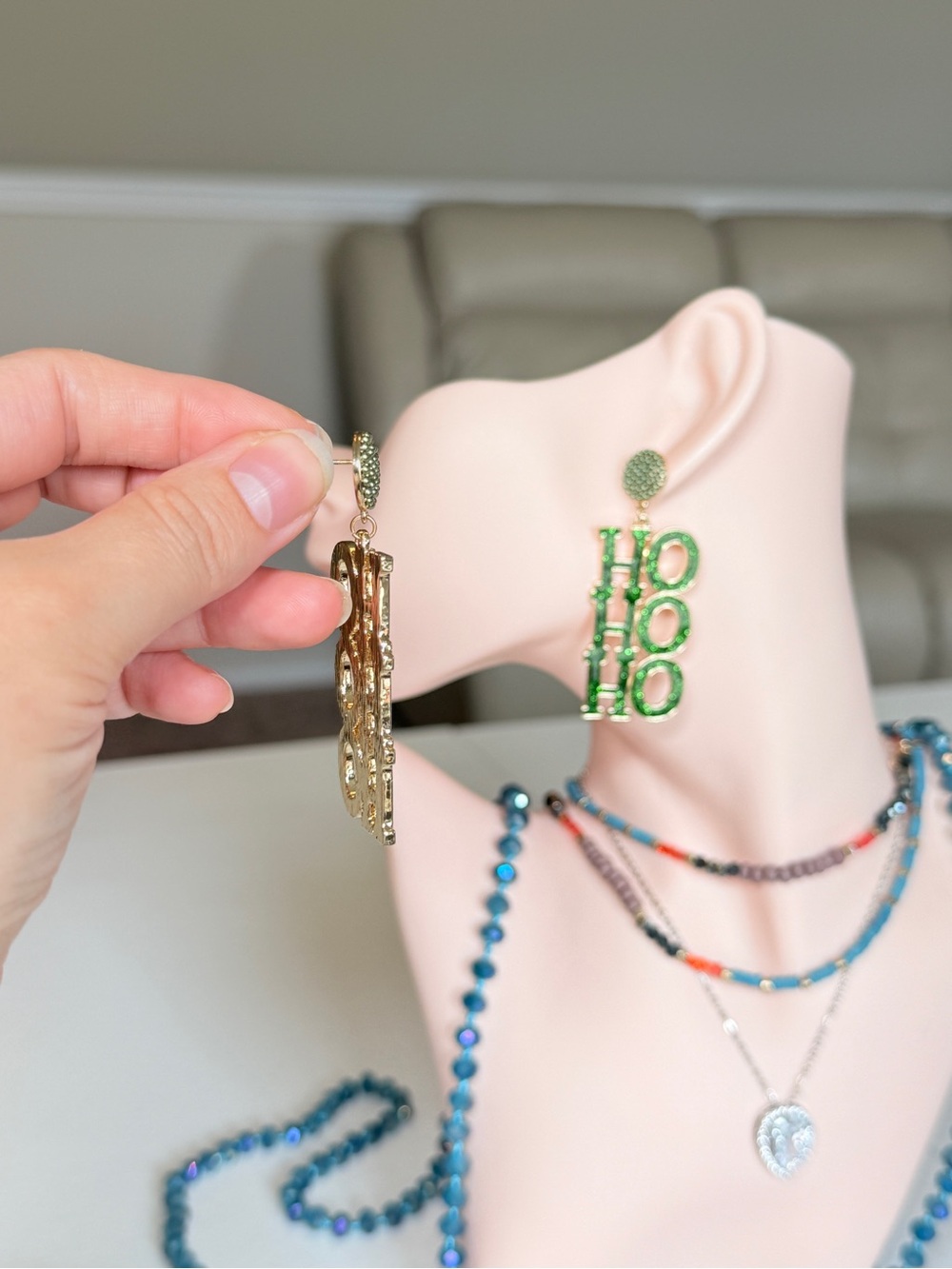 Holiday "HO HO HO" Green Drop Earrings - Picture 4 of 9